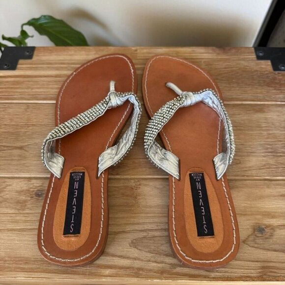 Steven ;Steve Madden Karatz Rhinestone Silver Genuine Leather Strap Thong Sandal - Picture 9 of 12